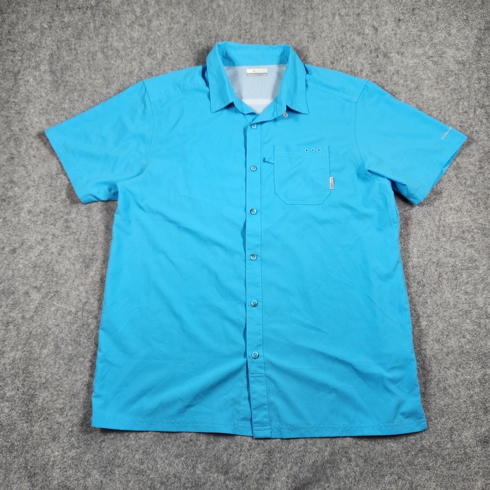 Columbia PFG Shirt Mens Large Blue Short Sleeve Button Up Vinted Loop Collar